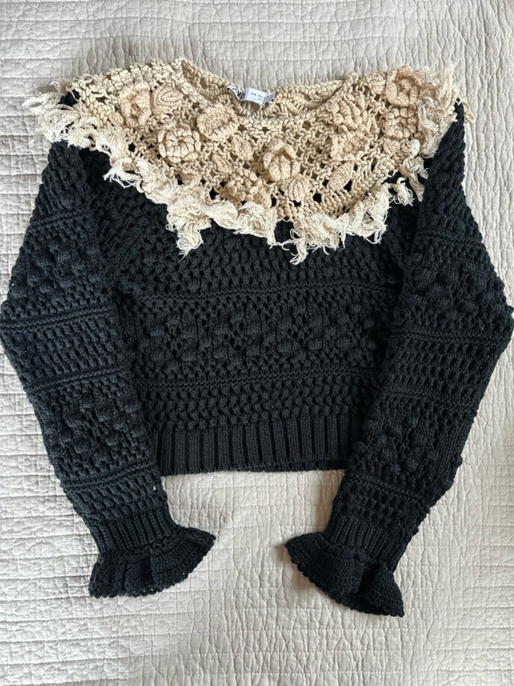 Zara Black Knit Sweater with Cream Crochet 524